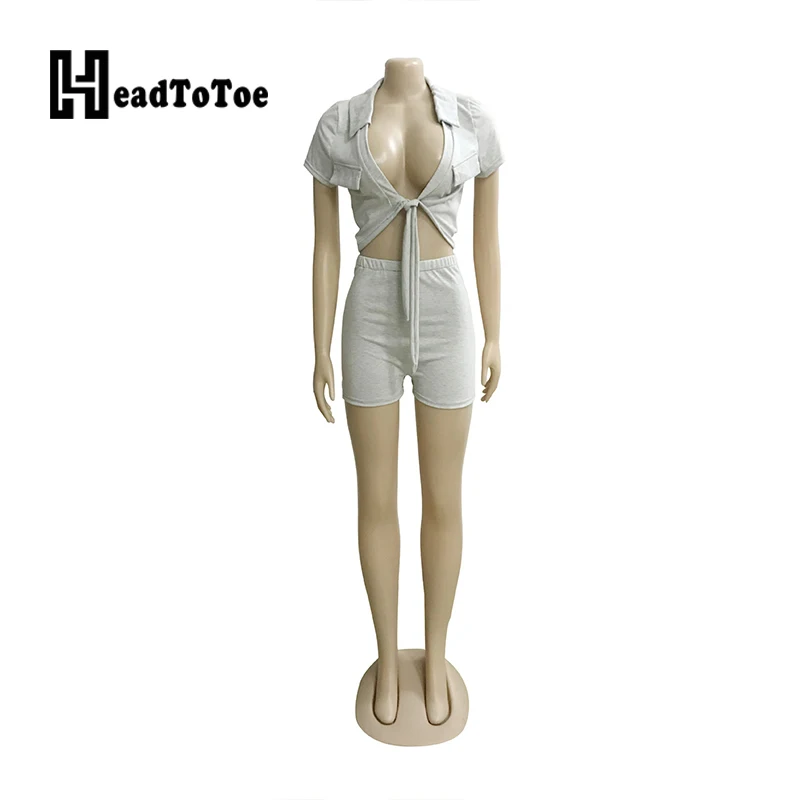

short sleeve open front lace up crop tops & shorts set sexy women 2 piece set
