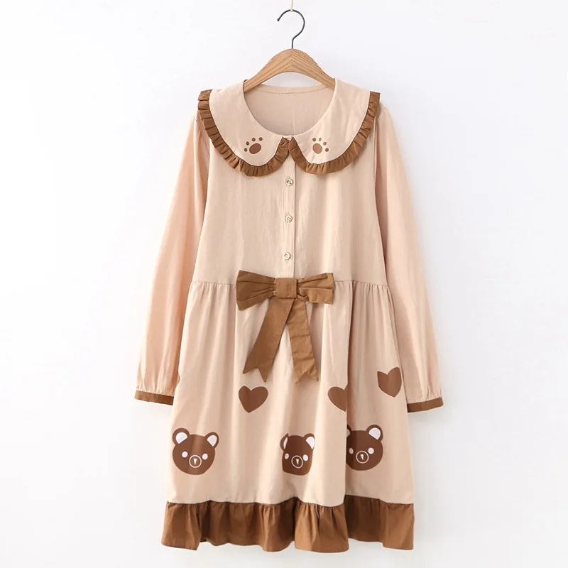 Японский Мори девушка медведь печати Свободные трапециевидные платья Питер Пэн