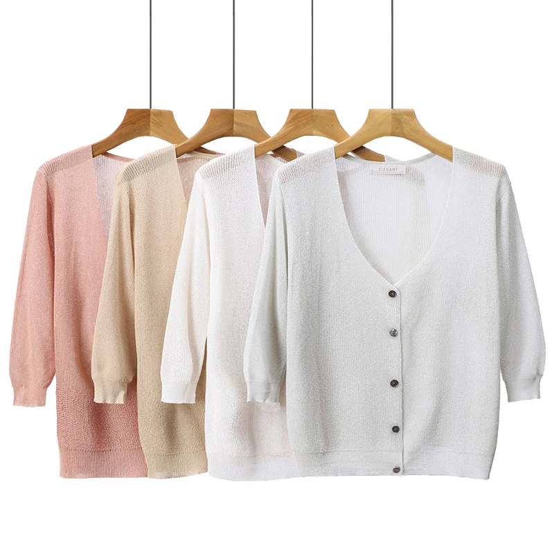 7 Candy Color Short Knitted Cardigans Women Summer Three Quarter Sleeve Basic Casual Cardigan Sweaters Female Knit Jumper Top