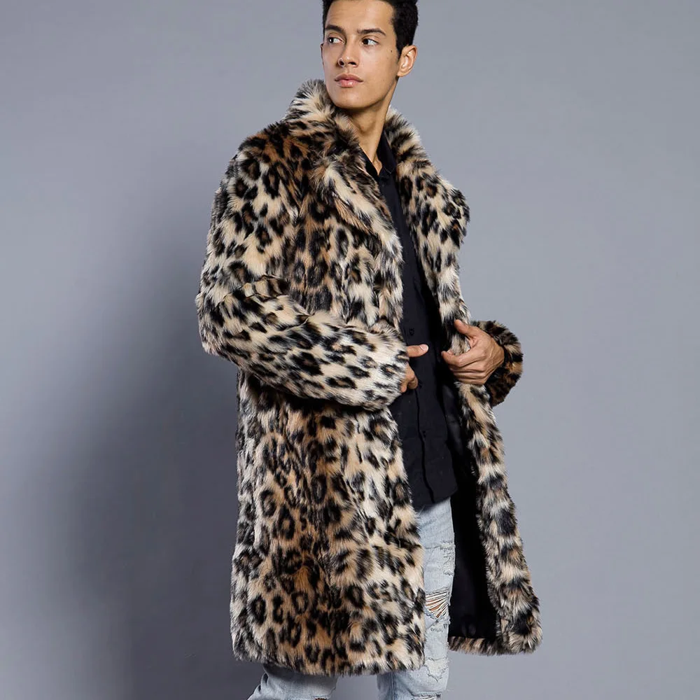 Men Faux Fur Coat Leopard Color Men's Suit Collar Warm Coat Men's Autumn Winter New Streetwear Cold Resistance Mid-Long Fur Coat