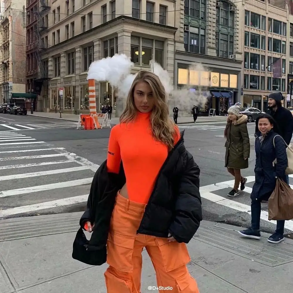 Женские свободные брюки карго с высокой талией на молнии джоггеры оранжевого