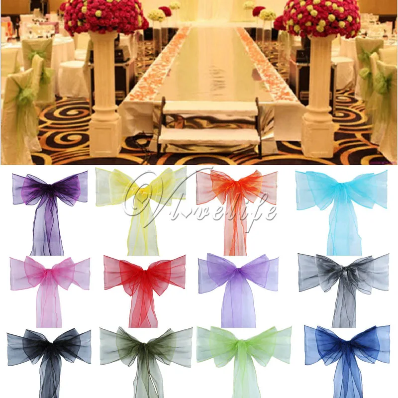 

50pcs High Quality Organza Chair Sash Bow for Banquet Wedding Party Event Xmas Decoration Sheer Organza Fabric Supply 18cm*275cm