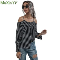 2021 spring autumn fashion slash neck shirts female trendy black stripe long sleeve blouse lady streetwear womens casual tops