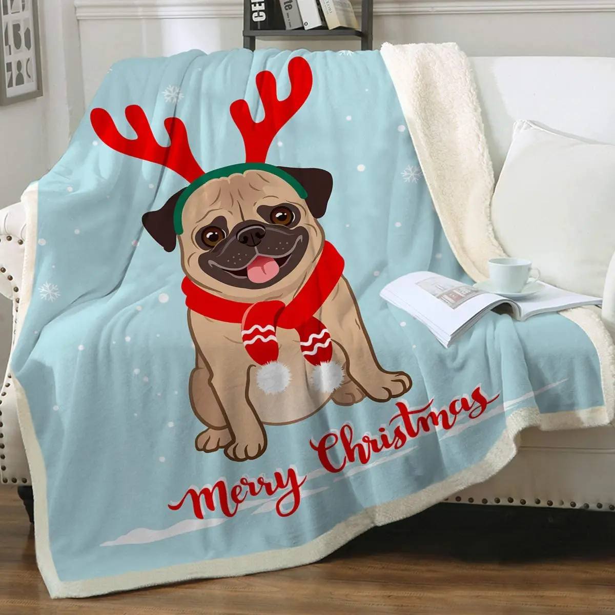

Christmas Pug Dog Blanket Chubby Puppy Cartoon Animals Print Plush Throw Blanket for Dog Lover Throw Blanket