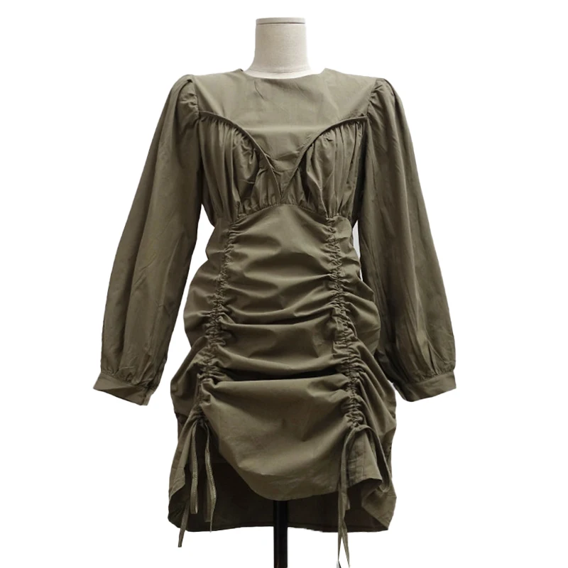 

Spring Autumn Women's Drawstring Mini Dress Female O-Neck High Waist Puff Long Sleeve Khaki/Black/White Vestido New Fashion 2020