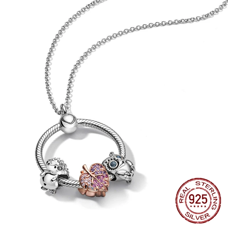 

Sterling Silver Moments Medium O Pendant Set rose leaf designer Fit Pandora Cable Chain Necklace For Women gifts DIY making