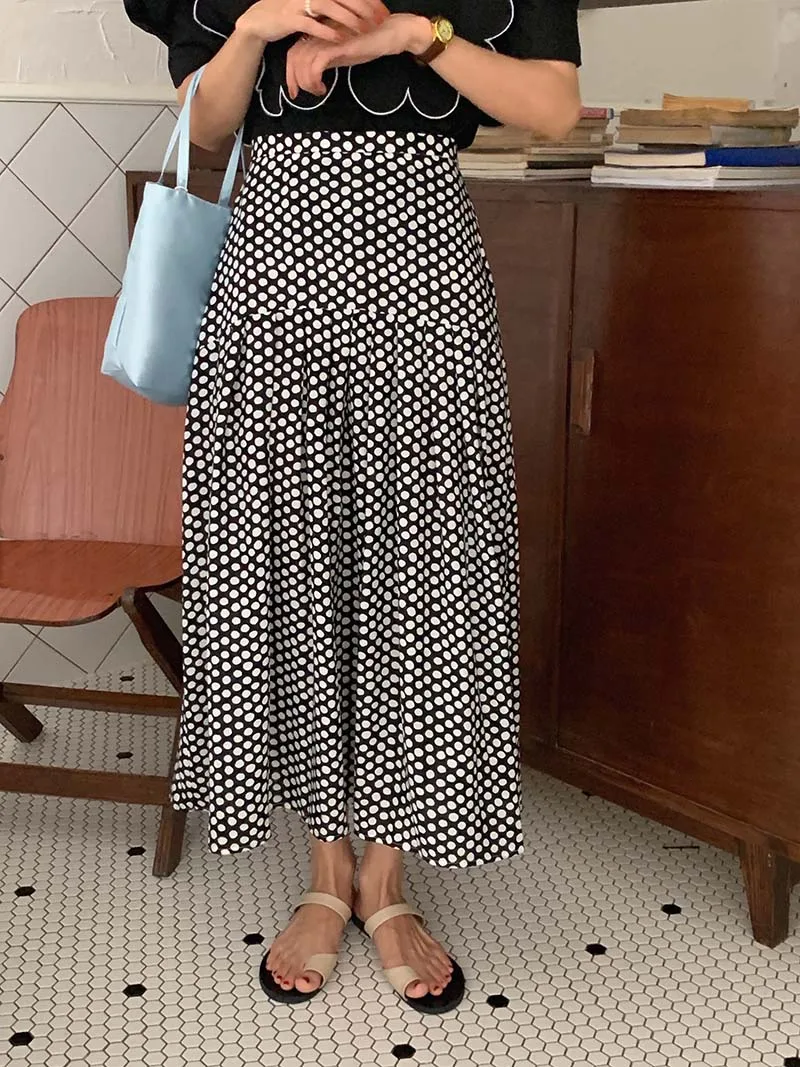 

CHEERART Polka Dot High Waist Skirt Women 2021 Korean Fashion Green Blue Black Bottoms A Line Summer Ladies Long Midi Skirt