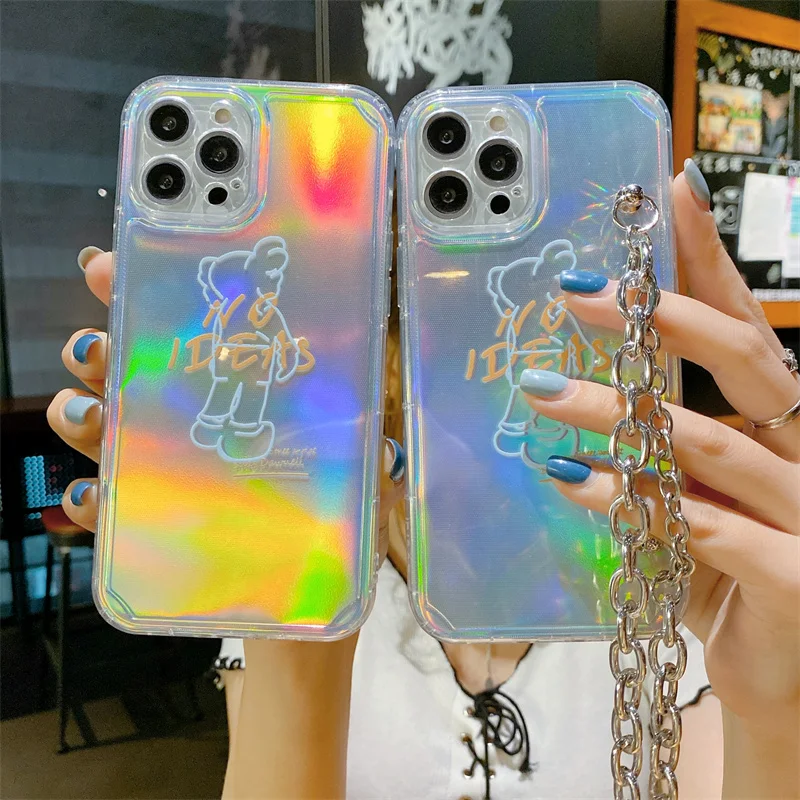 

hion Advanced Ins Clear Gradient Laser Paper Case for iphone 12 11 Pro Max Mini XR X XS 7 8plus Soft Back Cover With Bracelet