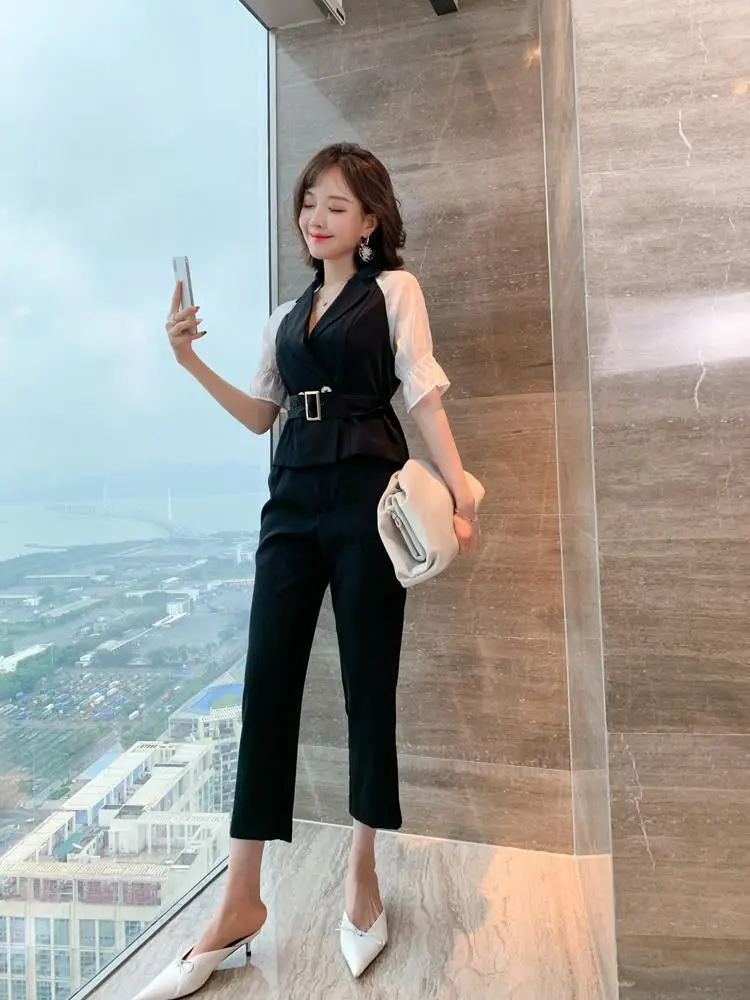 Летний офисный женский костюм рубашка с отложным воротником и брюки до щиколотки