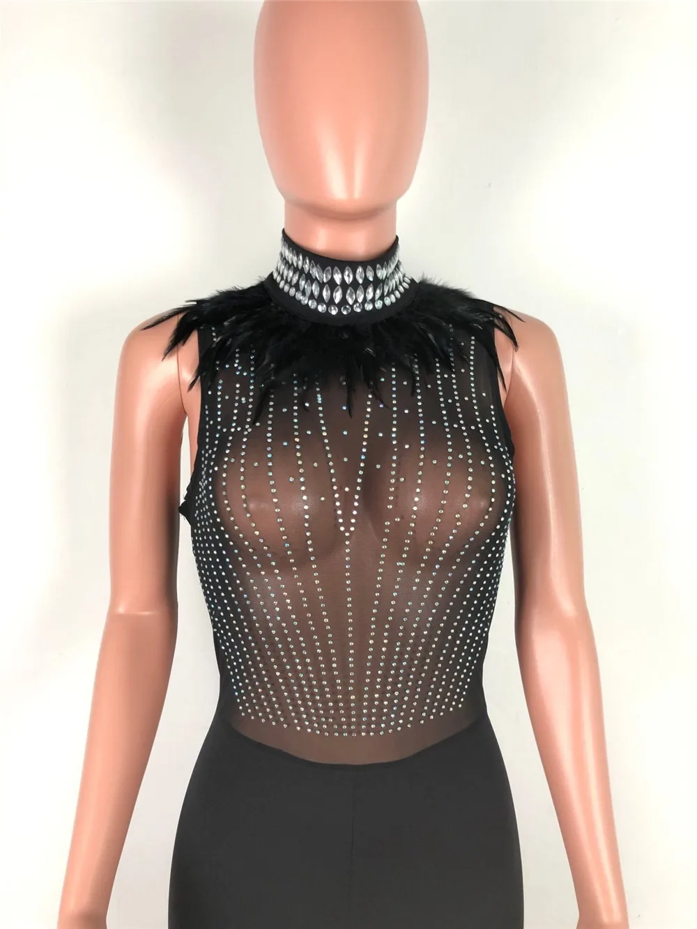 

Diamonds Rhinestone Feather Party Jumpsuit Women Mesh Sheer Sleeveless Bodycon Rompers Women Jumpsuit Night Club Body Overalls