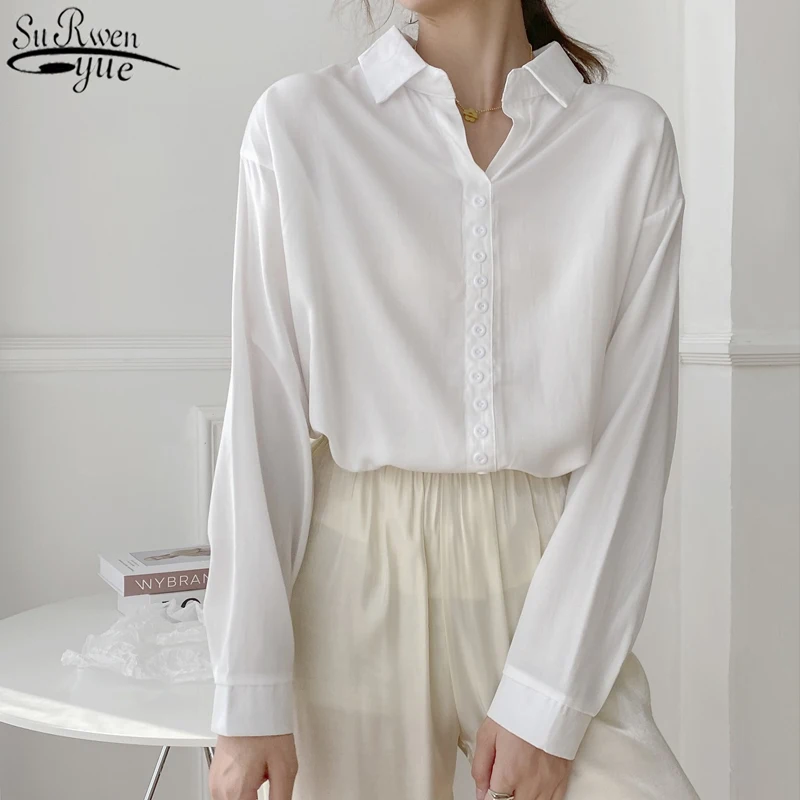 

Fashion Women Long Sleeve Shirts 2021 Korean Fashion White Single Breasted Women Blouse Office Lady Tops Blusas Mujer 11580