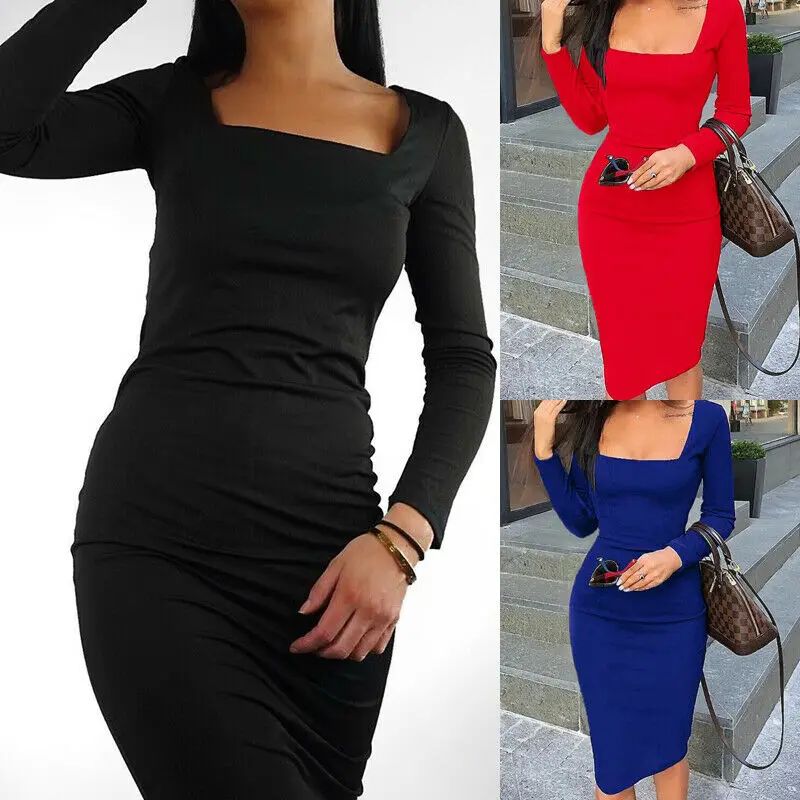 

2019 Autumn New Solid Color Women Ladies Dresses Long Sleeve Stretch Bodycon Knit Pencil Party Dress UK