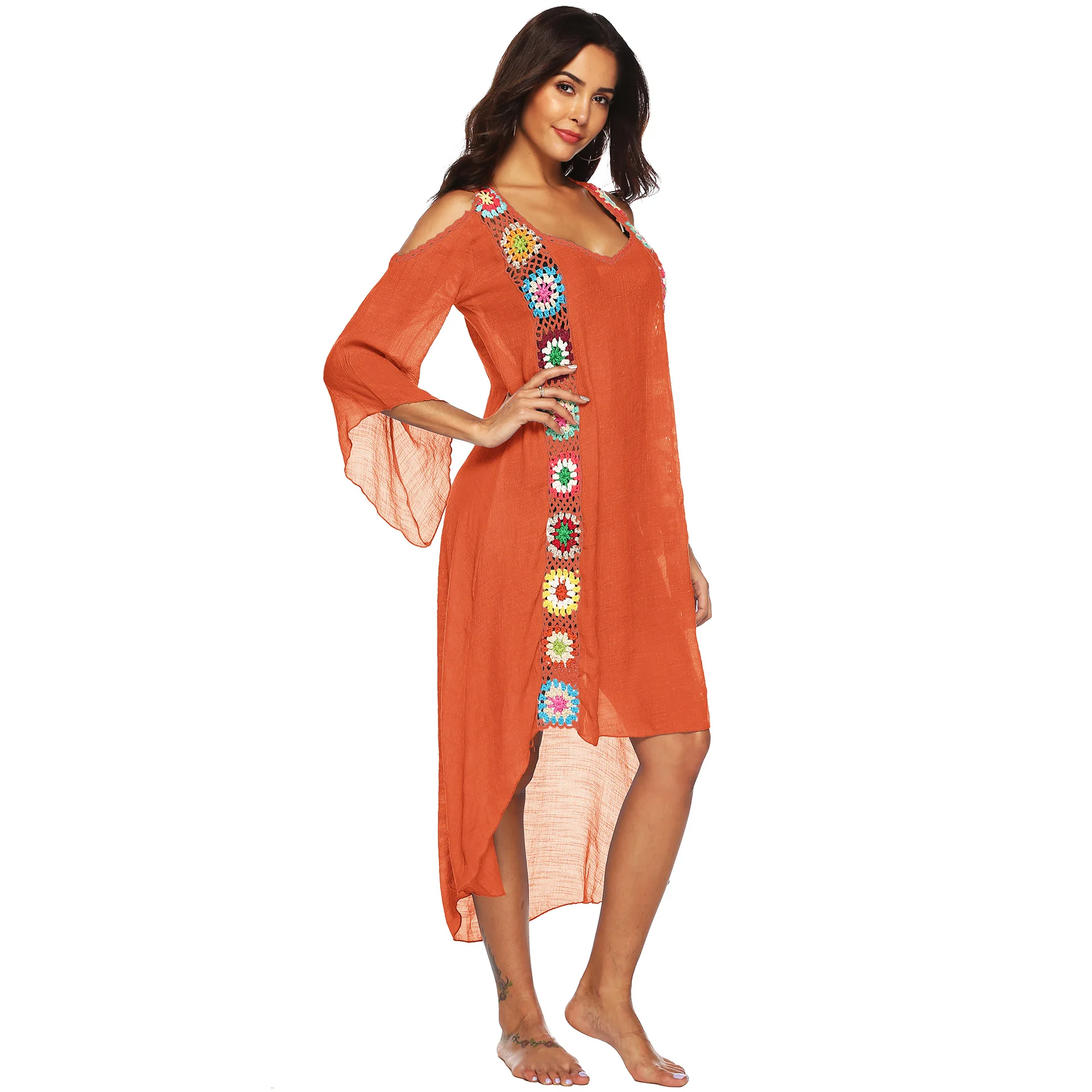 Hand Crochet Flower Stitching Sexy See-through Hook Stitching Strapless Irregular Beach Blouse Dress Beach Swimsuit Cover Up
