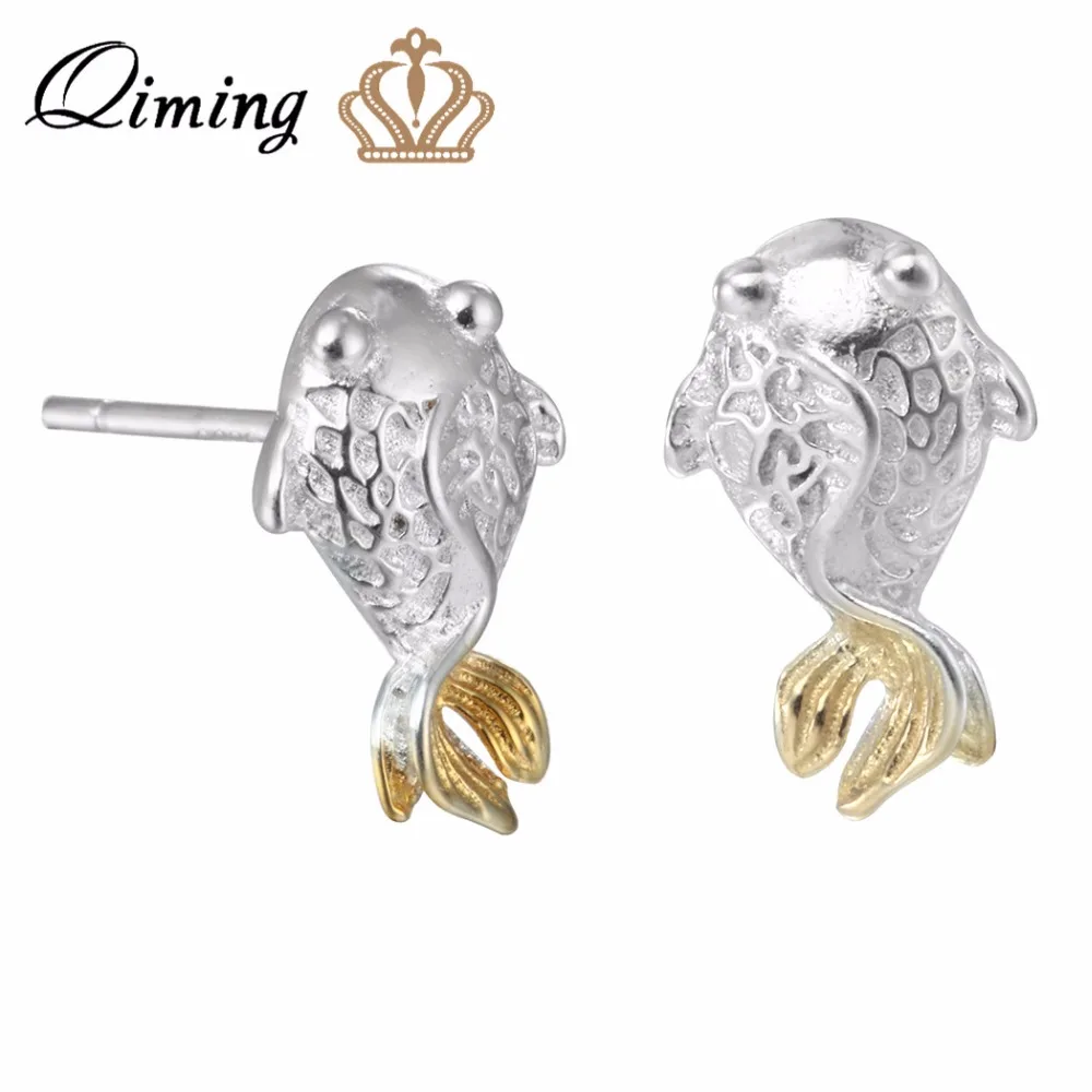 QIMING серьги гвоздики в виде золотой рыбки детские ювелирные изделия 3D Ручная