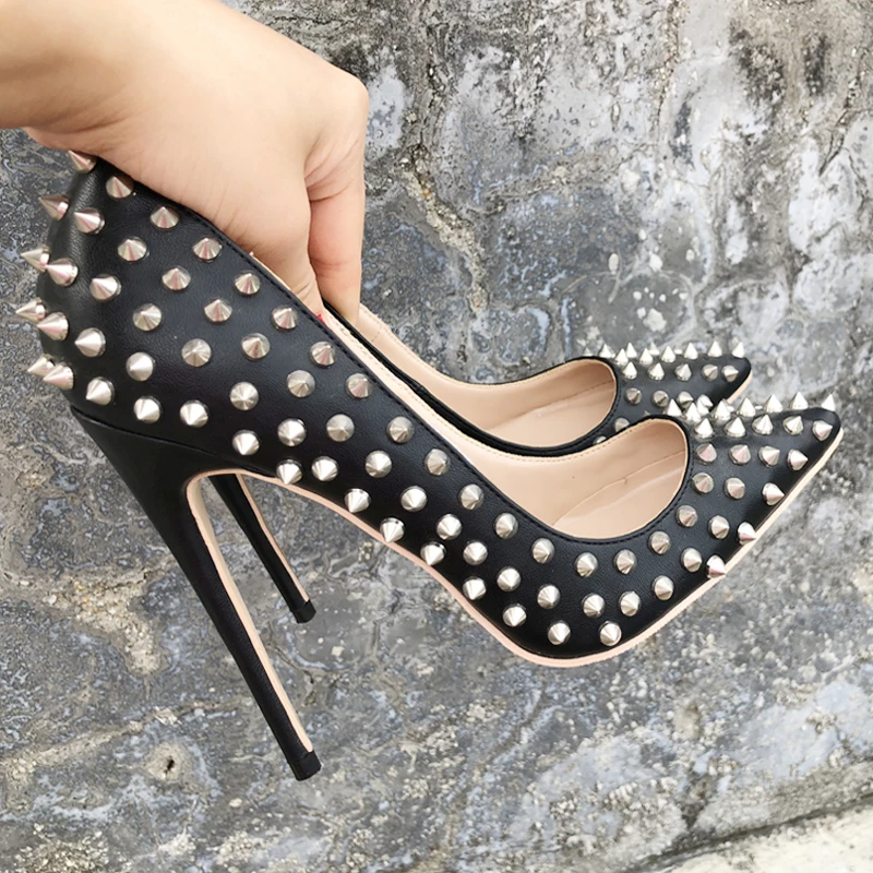 Пикантные туфли Keshangjia с заклепками на высоком каблуке острым носком и открытым