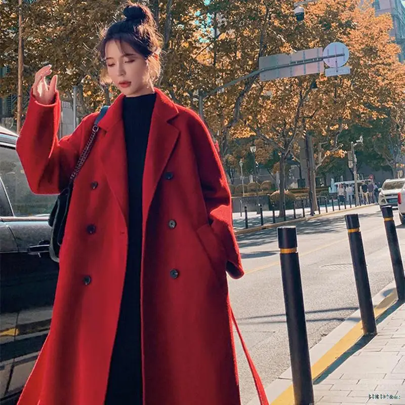 

Korea Women Spring Autumn Black Loose Long Wool Coat Jacket Belt Woolen Overcoat Split Hem Cardigan Outerwear 2XL