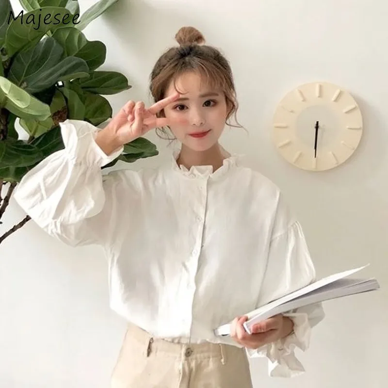 White Blouse Women Shirts Harajuku Clothes Womens Tops and Blouses All Match Flare Sleeve Korean Style New Fashion Ulzzang Chic