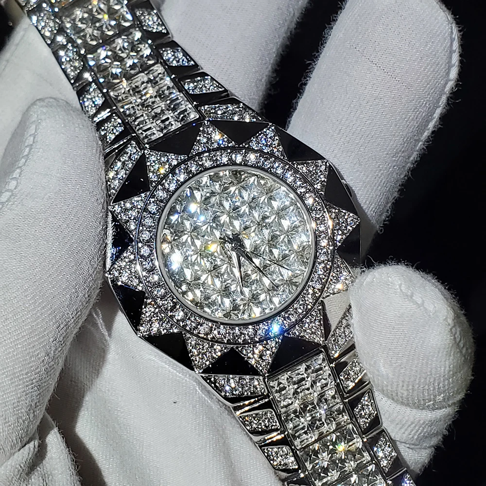 

Hiphop MISSFOX Silver Men Watch Women Diamond Casual Male Quartz Watch Round Analog Luxury Brand Lady Trend Clock for Men's Gift