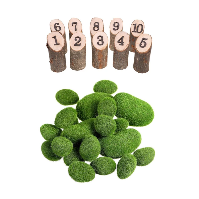 10x Rustic 1-10 Wooden Table Numbers &amp 20 Pieces 2 Sizes Artificial Moss Rocks Decorative Faux Green Covered Stones | Дом и сад