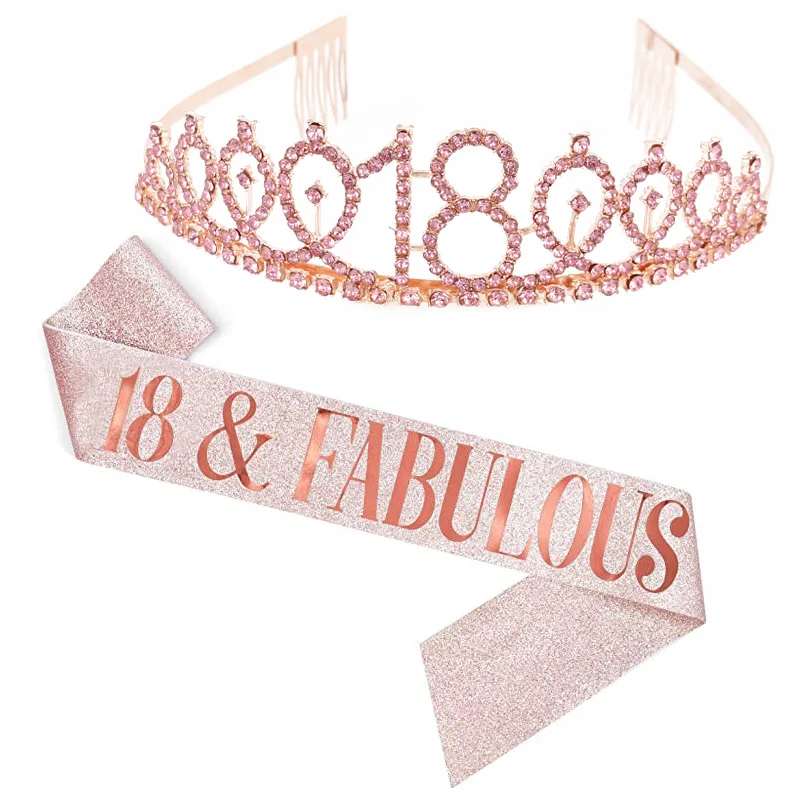 

Rose Gold Crown for Birthday Teen Girl Glitter Sashes+Silver Crystal Tiara Fabulous&10 13 16 18 21th Sash Birthday Decorations