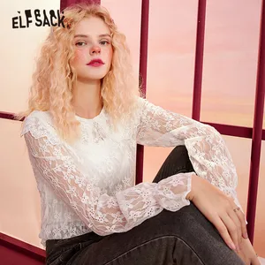 ELFSACK однотонная контрастная кружевная Повседневная Блузка для женщин 2020 зима ELF винтажные прозрачные корейские женские топы на каждый день