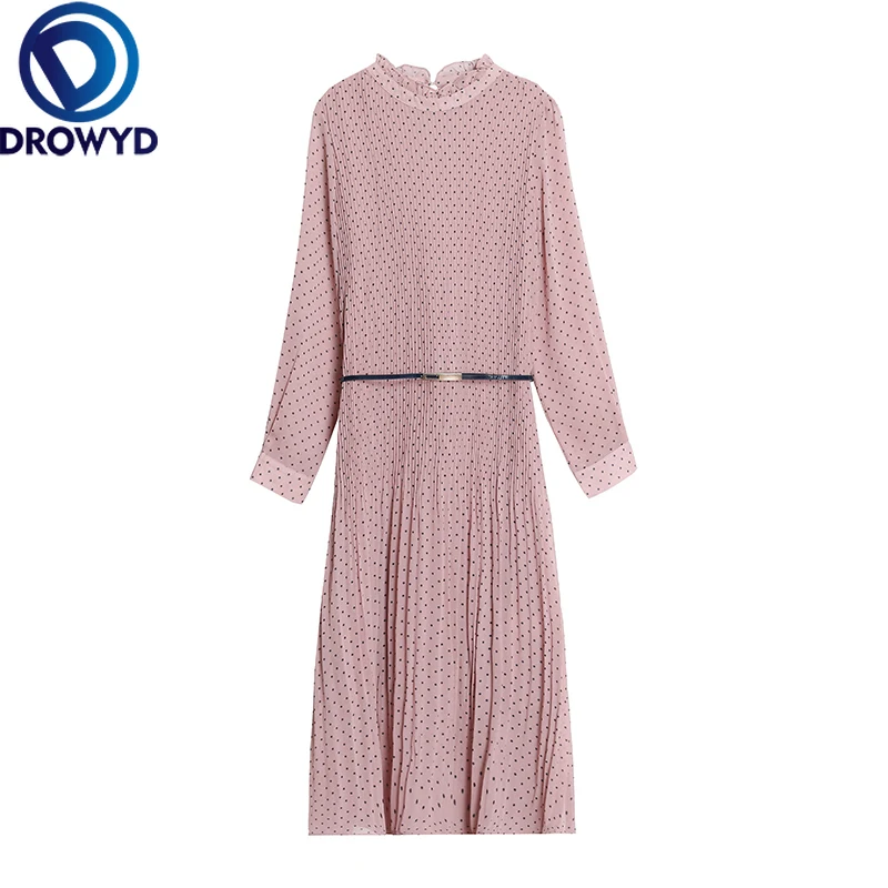 Осеннее платье миди в горошек для женщин повседневное Плиссированное розовое