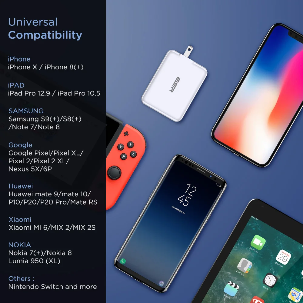 ESR USB C зарядное устройство 18 Вт, зарядное устройство со складной вилкой типа C PD зарядное устройство для iPhone XS/XR/XS Max iPad Pro samsung