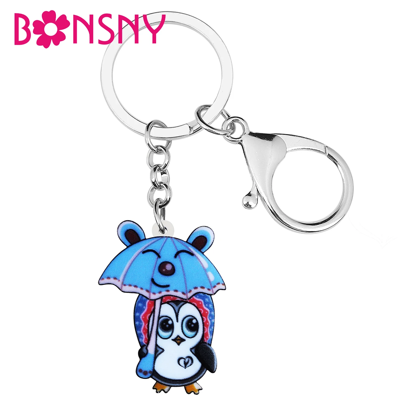 

BONSNY Acrylic Cute Blue Umbrella Big Eyes Penguin Keychains Fashion Purse Car Key Chain Ring Jewelry For Women Teen Girls Gifts