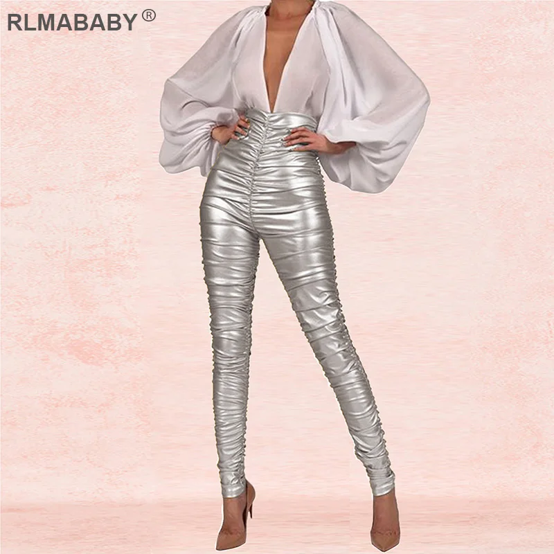 Женские брюки карандаш с высокой талией rlmaaby золотистые из искусственной кожи