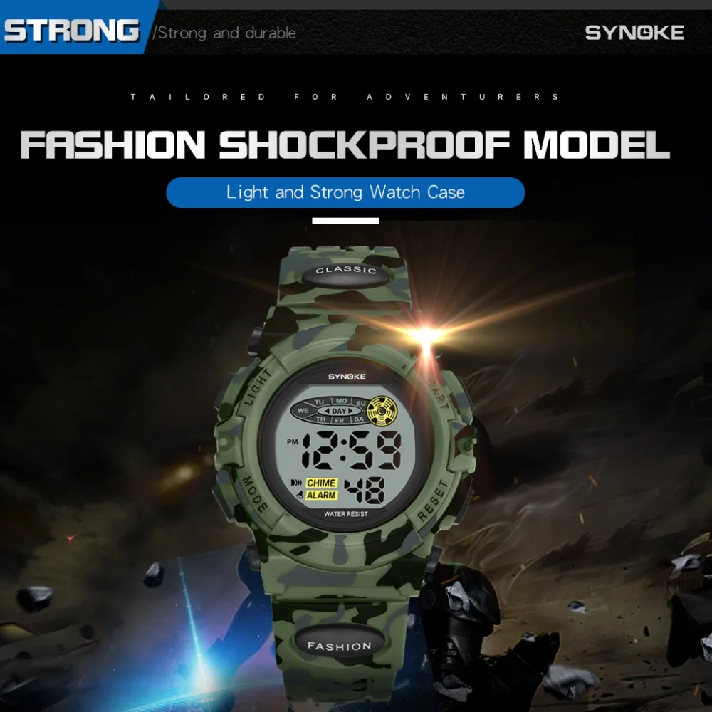 SYNOKE Sports Military Kids Digital Watches Student Children's Watch Fashion Luminous Led Alarm Camouflage Green Boy Clock