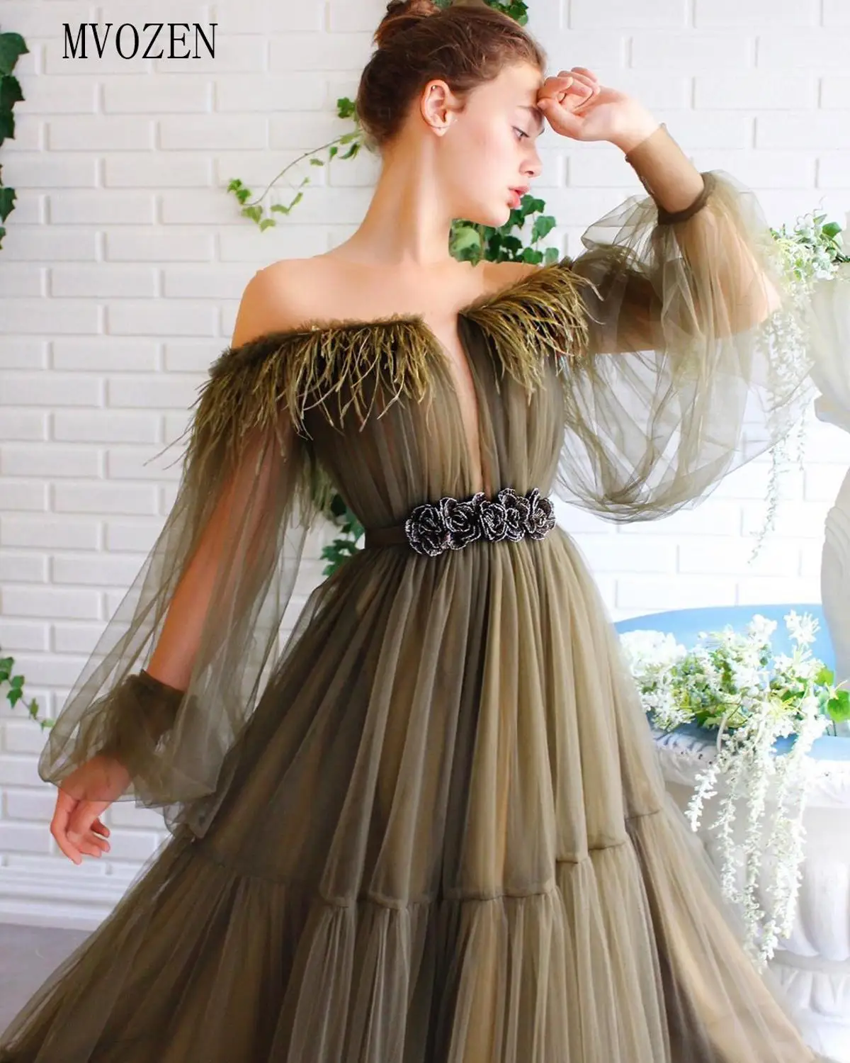 

Charming Ball Gown Evening Dress Long Off The Shoulder Full Sleeves Pleat Floor Length Formal Gowns Evening Dresses Vestidos