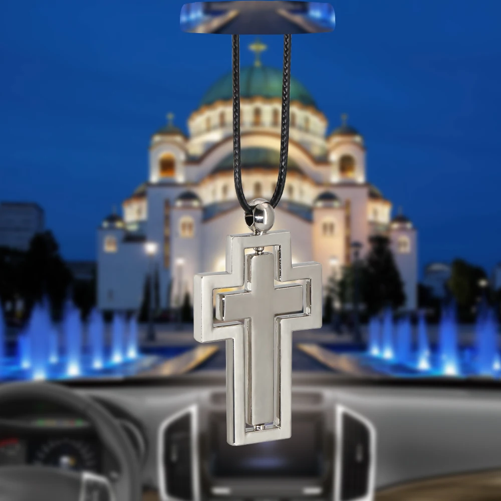 

Car Pendant Ornaments Jesus Cross Christian Double Rotating Car Rear view Mirror Interior Decoration Pendant Auto Accessories