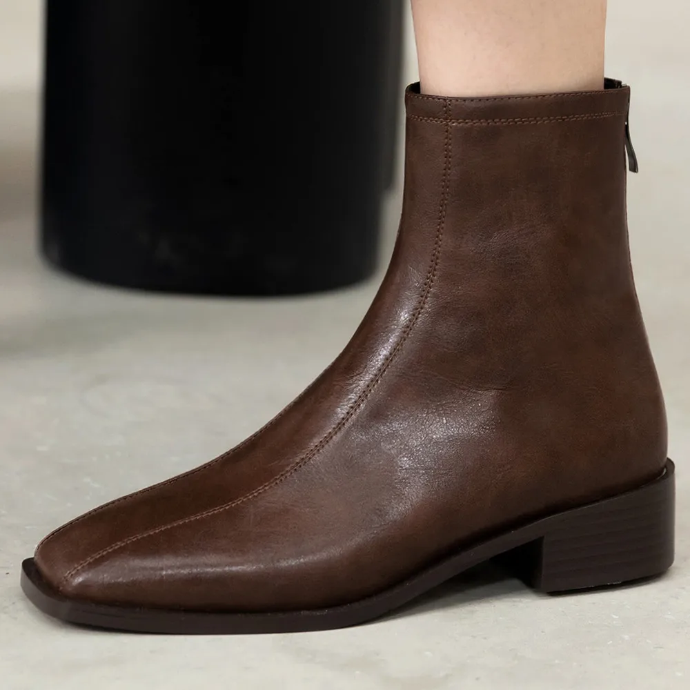 

Women's genuine leather back zip flats autumn ankle boots square toe casual female soft comfortable short booties daily shoes