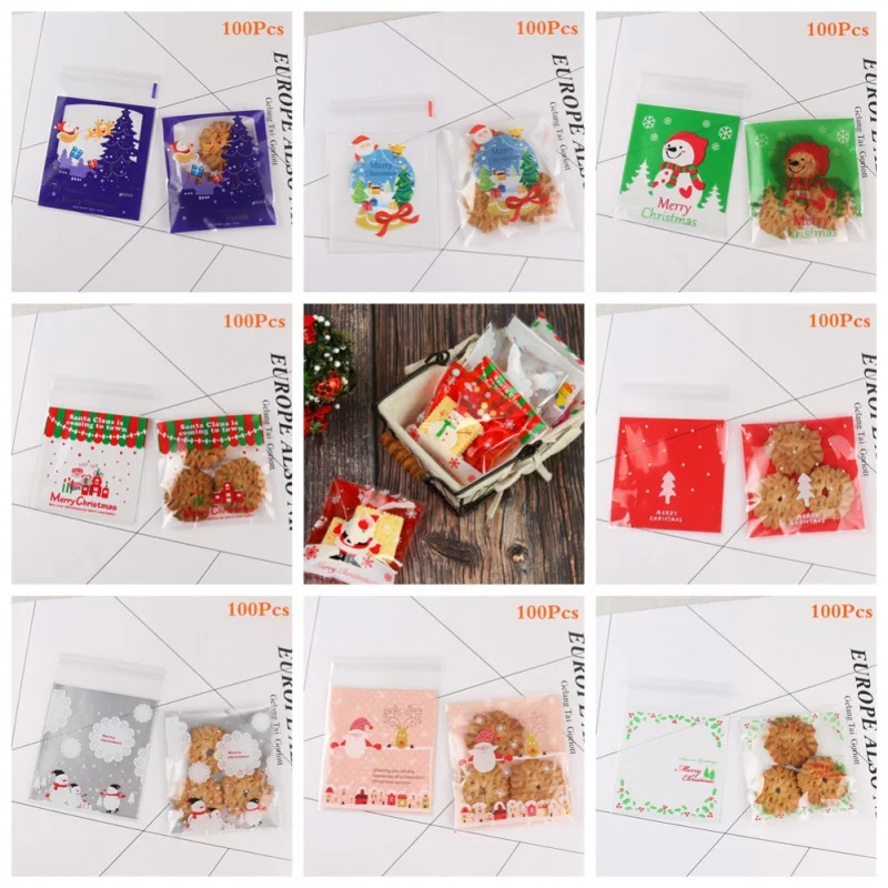 100 шт прозрачные рождественские пакеты для печенья самоклеющиеся конфет буфета
