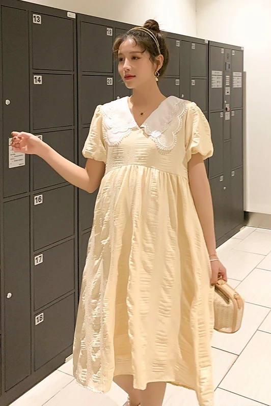 

5525# 2021 Summer Korean Fashion Maternity Dress Sweet Loose Clothes for Pregnant Women Lovely White Pregnancy Dress