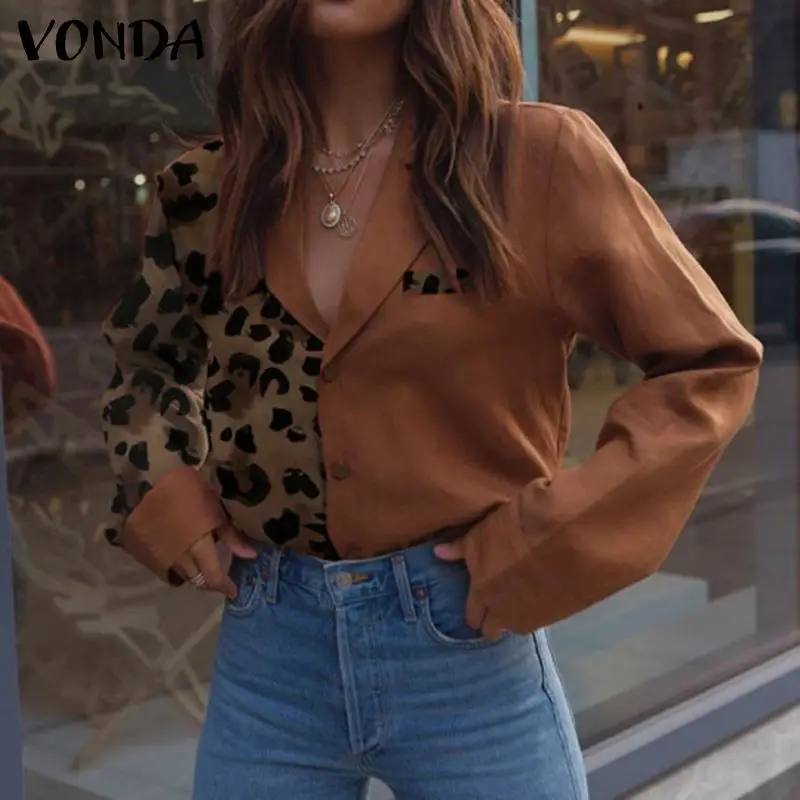 

VONDA Vintage Women Leopard Print Shirts 2022 Fashion Casual Lapel Button Patchwork Party Blouses Blusas Femininas Elegant Tops