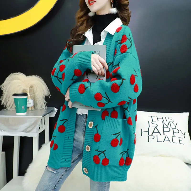 

Sweaters Women Fruit Printting Knitted Sweater Cardigans Autumn Single Breasted Long Sleeve Coat Korean Loose Sweater Outwear