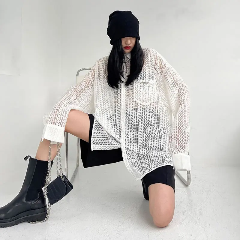 

XITAO Thin Blouse Fashion Black White Single Breast Full Sleeve Hollow Out 2021 Summer Minority Elegant Loose Shirt WLD6323