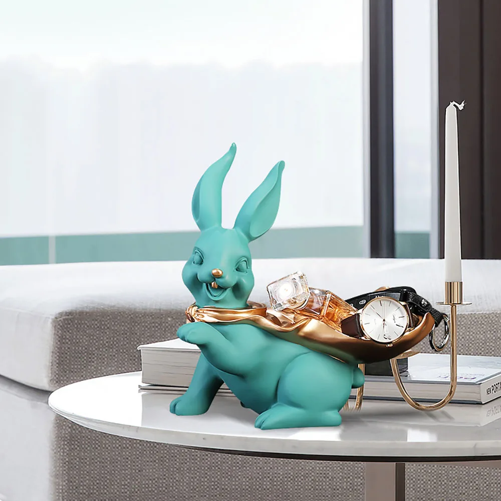 

Cute Rabbit Resin Sculpture Key Phone Makeup Storage Tray Home Decoration Statue Living Room Decor Ornament Decorative Figurine