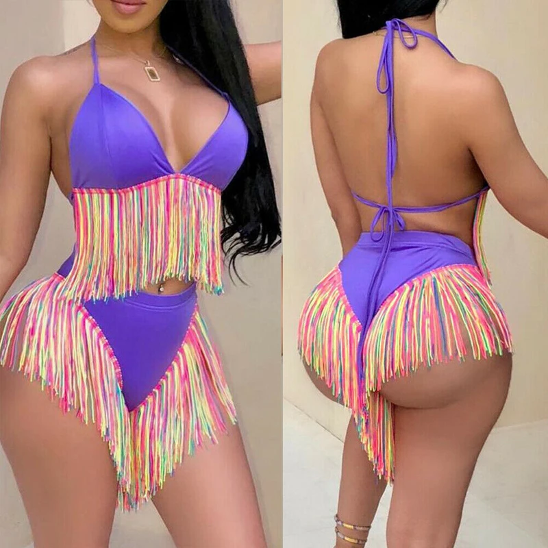 

2021 Bathing Suit Women Summer Sexy Bandage Tassles Bikini Set Push-up Padded Bra High Waist Lace Up Swimsuit Beachwear