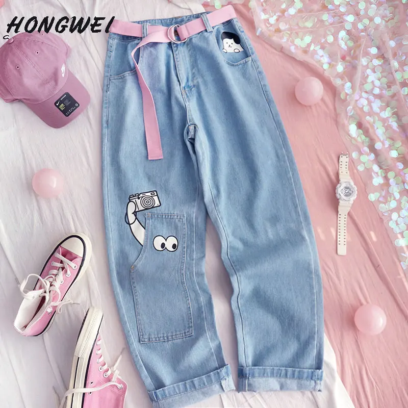 Харадзюку джинсовые широкие брюки японский Kpop Kawaii принты весна лето Femme милые