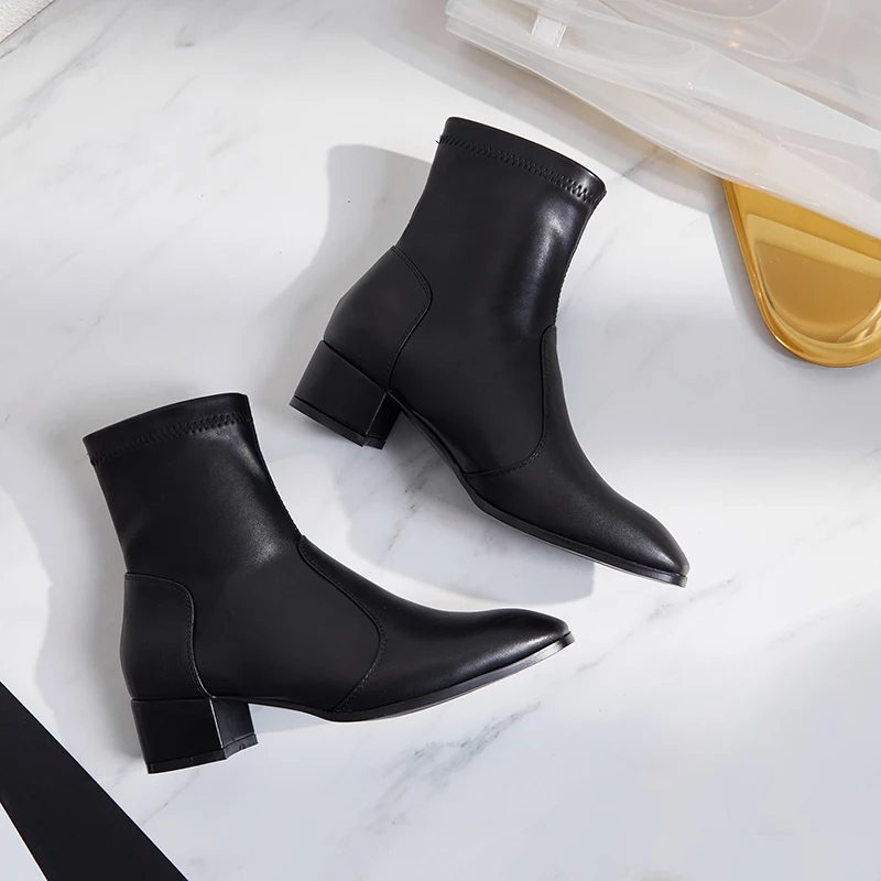 

Vangull Women elastic fabric FLOCK Boots suede short boots fashion Handmade Classic pointed toe Sheepskin insole all-match