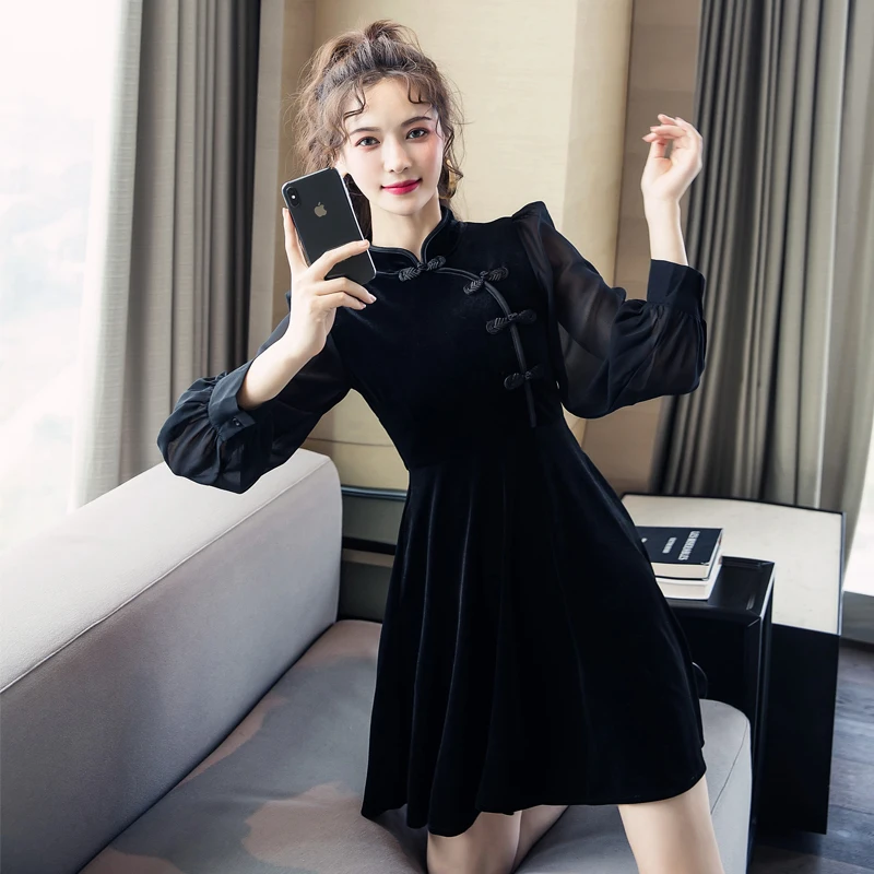 

Cheongsam improved dress cheongsam young girl elegant small velvet small black skirt autumn and winter