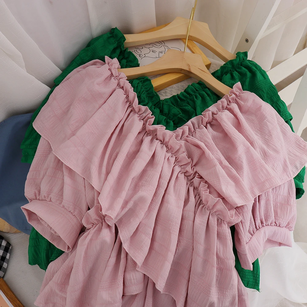 

Elegant Women Slash Neck Puff Sleeve Basic Ruffles Shirt Lady Elastic Slim Waist Layers Chiffon Pullover Party Chic Blouse Tops