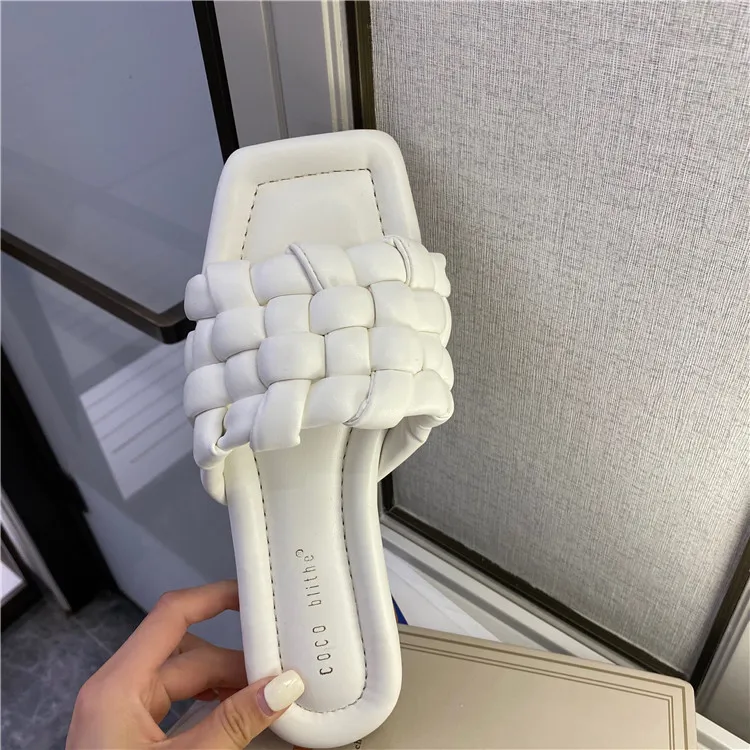 

Women Flat Slides Summer Beach Shoes Woven Slippers Square Toe Sandals