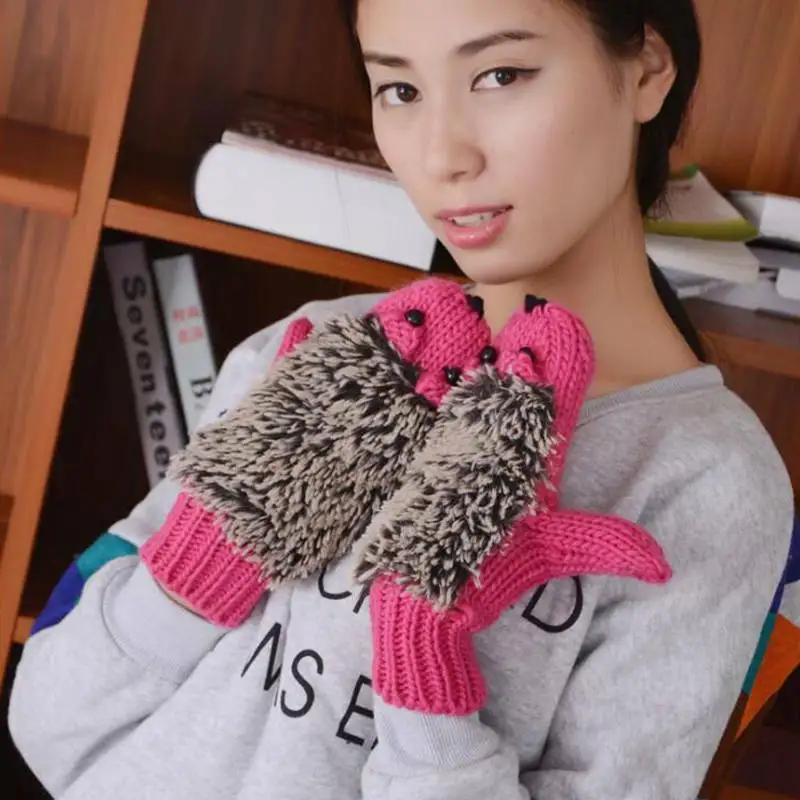 

Women Girl Winter Wrist Cartoon Hedgehog Knitted Gloves Cute Soft Warmer