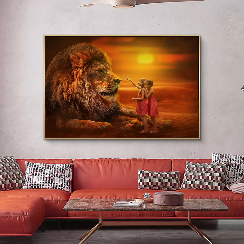 

Twins With Lions African Art Canvas Paintings on the Wall Art Posters And Prints African Landscape Art Pictures Home Wall Decor