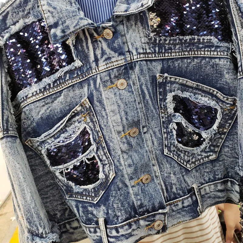 

European Autumn New Women's Heavy Sequins Fur Edge Denim Jacket Female Loose Short Coat Hole Jeans Jacket Streetwear Coats