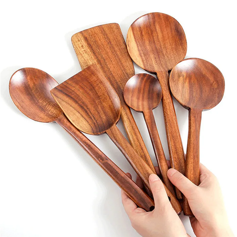 

Natural Teak Wood Tableware Spoon Long Rice Colander Soup Skimmer Cooking Soup Spoons Scoop Kitchen Tool Set