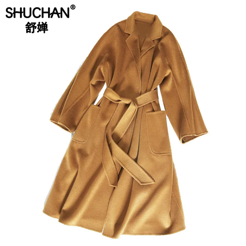 Shuchan 100% шерсть мериноса классическое женское пальто с волнистым поясом
